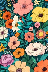flowers background colorful cartoon anime style 