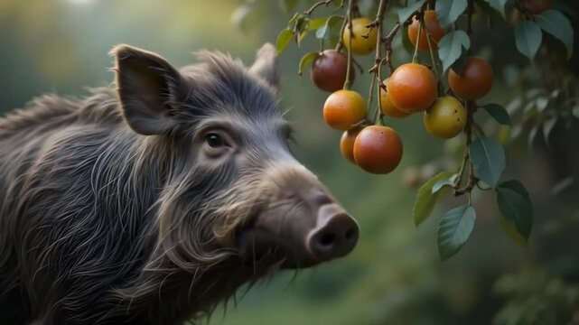 Wild Boar Gazing at Colorful Fruit on a Branch