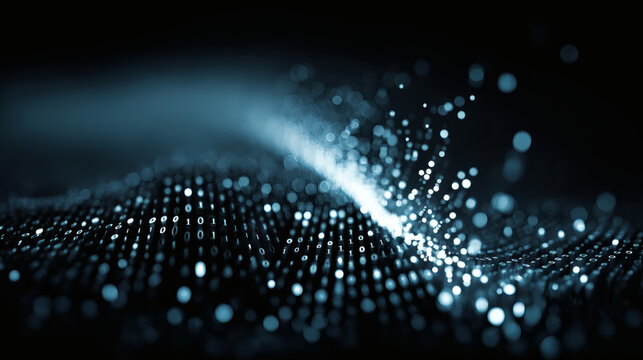 Futuristic viewpoint dynamic data flow and binary elements in a dark digital design background