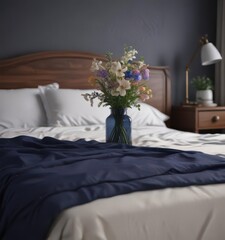 Navy bedding, blooming flowers in vase on nightstand next to large bed ,  leaves,  romantic