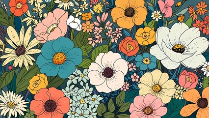 flowers background colorful cartoon anime style 