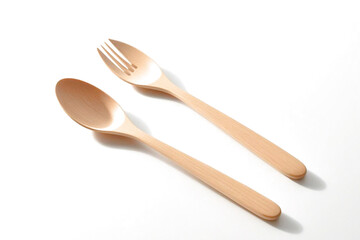Wooden Spoon, Fork – Reusable, Sustainable Tableware on White Background