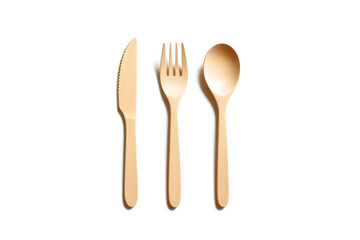 Wooden Spoon, Fork and Knife – Reusable, Sustainable Tableware on White Background