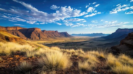 A panoramic view of a mountainous landscape featuring rolling hills and steep cliffs under a partly cloudy sky.