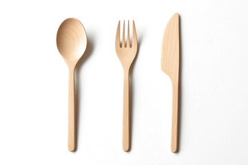 Wooden Spoon, Fork and Knife – Reusable, Sustainable Tableware on White Background