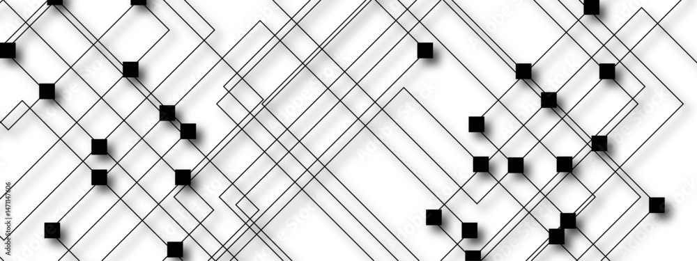 Aufkleber Abstract minimalist black and white geometric pattern with squares and diagonal lines. Complexity and  optical illusion line density . Network high digital technology with connecting points
