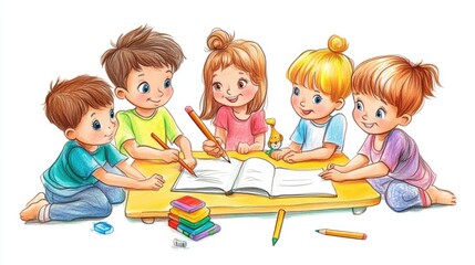A group of five children gathers around a table, intently watching an adult’s hands as they engage in a creative activity.