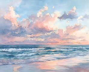 A watercolor beach at sunset with soft clouds and serene hues of pink orange light blue and olive
