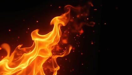 Fototapeta premium Dynamic orange and yellow flames shooting upwards, isolated on black background , uncontrolled, light, power