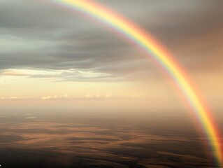 Fototapeta premium Majestic Aerial View of a Vibrant Rainbow Arcing Over a Vast Golden Landscape at Sunset