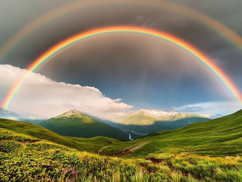 Majestic double rainbow arcing over lush green mountain landscape after a summer rain A scenic view of nature's beauty - Powered by Adobe