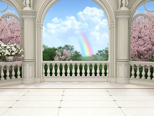 Obraz premium Serene Balcony View Rainbow over Spring Blossoms and Classical Architecture