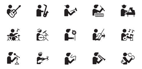 A collection of black silhouette music icons depicting various musicians playing different instruments such as guitar, drums, keyboard, trumpet, and saxophone.	
