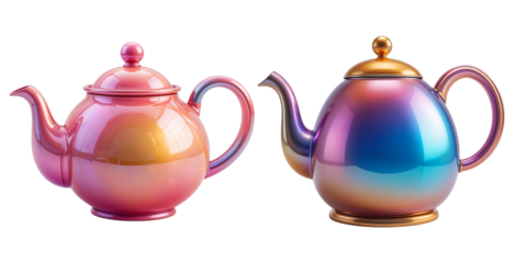 Set of Vibrant 3D Glossy Teapot with Smooth Curves on Transparent Background