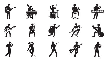 A collection of black silhouette music icons depicting various musicians playing different instruments such as guitar, drums, keyboard, trumpet, and saxophone.	