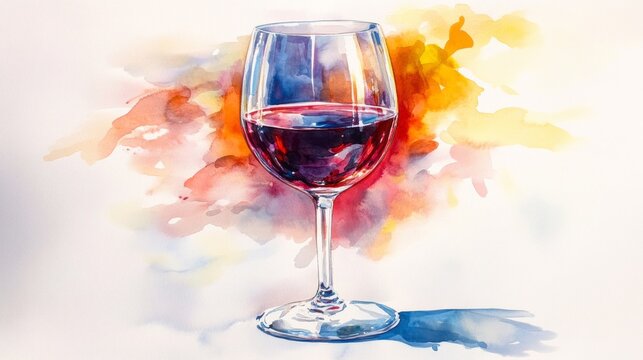 Colorful artistic depiction of wine glass filled with red wine.