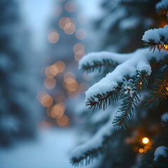 Close-Up of Frosty Pine Branch with Golden Lights and Blue Background – Winter Holiday Festive Scene

