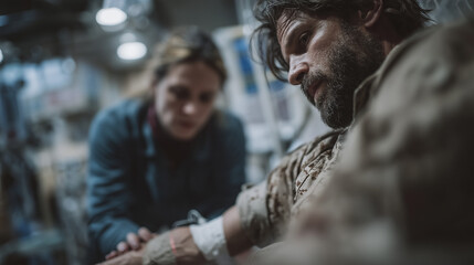 realistic photo of a military veteran receiving treatment from a doctor