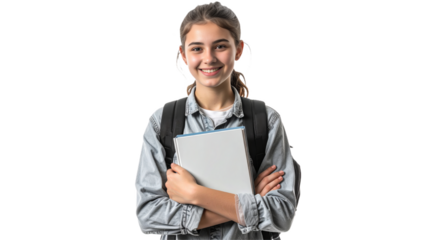 Smiling and attractive a young student girl holding a book isolated on white background. Suitable for marketing or business purposes. PNG file