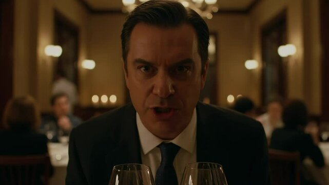 Intense Male Diner Exhibiting Anger at a Fine Dining Restaurant, Wearing a Suit Amidst a Bustling Crowd