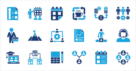 Business management company colored flat icon set. Contains symbol of finance, success, data, businessman, target, customer service, work, money, store, meeting, education, idea. Vector illustration