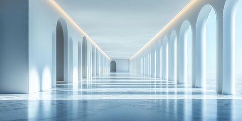 Elegant, minimalist interior hall with arches and light.