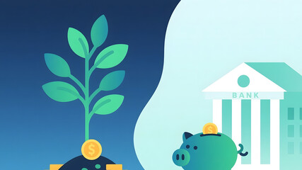 Financial Growth and Savings: Piggy Bank, Money Tree, and Bank Building