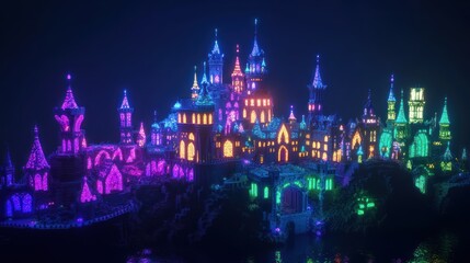 A vibrant, illuminated castle complex in a nighttime setting.