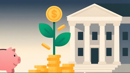 Financial Growth and Savings: Piggy Bank, Stacked Coins, and Money Tree in Front of a Bank