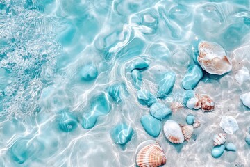 Crystal-clear water, smooth stones, seashells