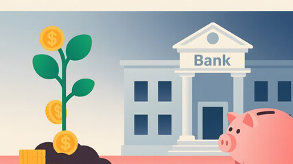 Financial Growth and Savings: Bank Building, Piggy Bank, and Growing Money Tree