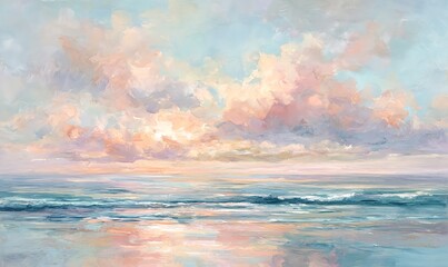 Obraz premium A watercolor beach at sunset with soft clouds and serene hues of pink orange light blue and olive