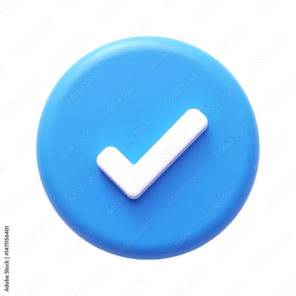 Poster 3d check mark icon blue circle with white tick isolated on transparent background
