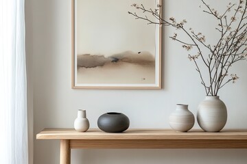 Japandi-style display on birch bench with minimal ceramics and soft-toned artwork