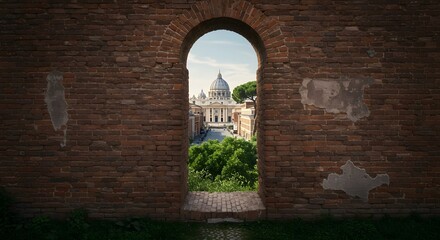 Viewing Cityscape Through Archway in Aged Brick Wall