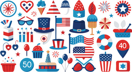 Celebrate Independence Day with a Festive Vector Collection Featuring Patriotic Elements on a Clean White Background