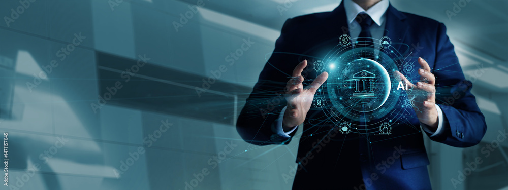 Poster businessman holding of icon banking on network connection. digital marketing. finance and banking ne