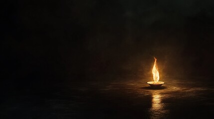 Single flame in a dark room reflecting on the floor.