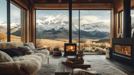 Cozy cabin interior with stunning mountain lake view during winter evening