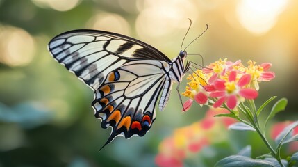 Obraz premium Beautiful butterfly perched on vibrant flowers during golden hour in a serene garden setting