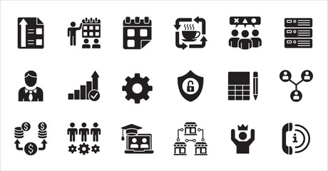 Business company flat icon set. Management icons. Contains symbol of finance, success, data, businessman, target, customer service, work, money, store, meeting, education, idea. Vector illustration
