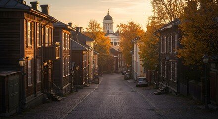 Fototapeta premium Walking on Cobblestone Street in City During Autumn