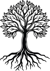 Obraz premium Tree with Roots Silhouette on White Background