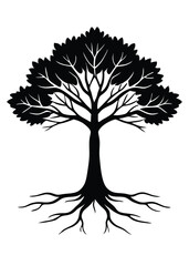 Tree with Roots Silhouette on White Background