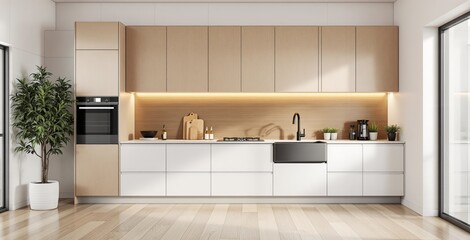 Sleek modern kitchen with wood cabinetry and white drawers, minimal design on bright interior background. Concept of stylish home architecture. Ai generative