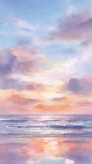 Fototapeta premium A watercolor beach at sunset with soft clouds and serene hues of pink orange light blue and olive