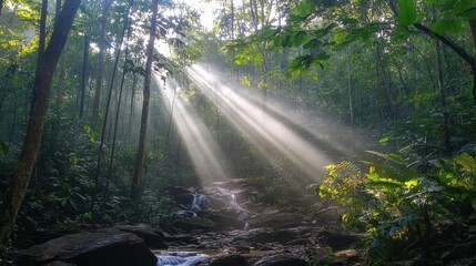 Obraz premium Sunlight filters through tall trees in a tranquil forest setting during the late morning hours