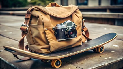 Naklejka premium Camera Bag on Skateboard