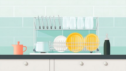 Kitchen Dish Drying Rack with Clean Dishes.