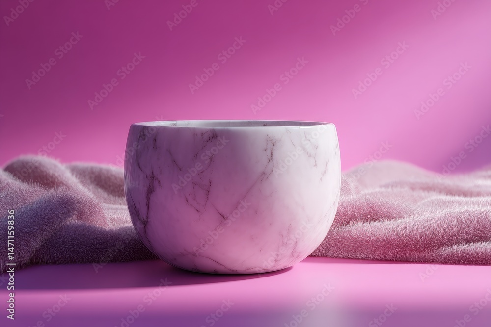 Poster Empty marble bowl on a pink surface with a soft textile.